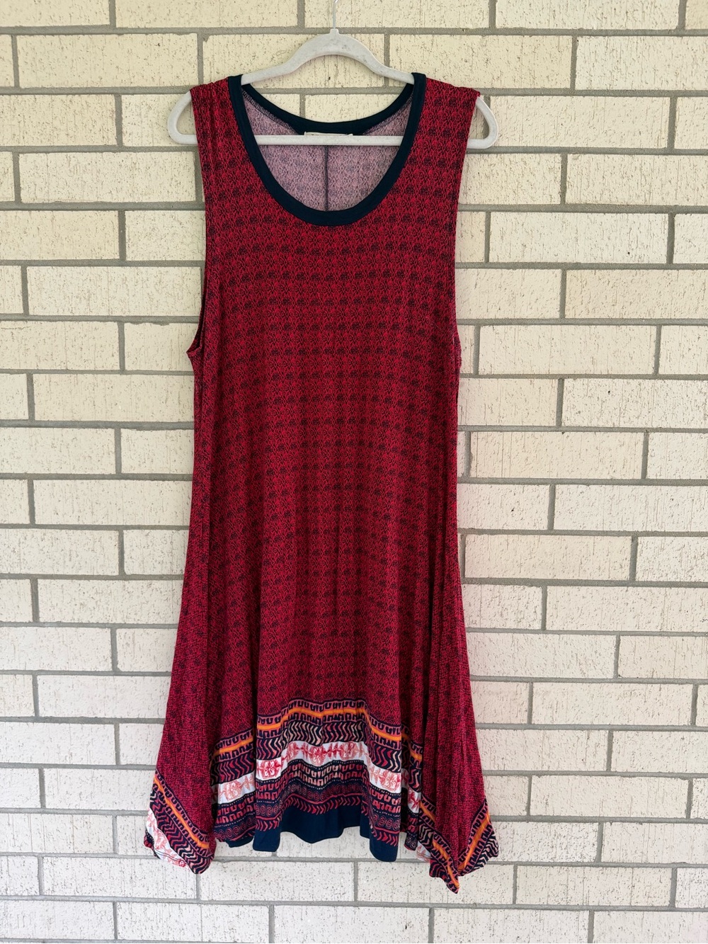 Liberty Love Red Patterned Swing Dress with Navy Trim